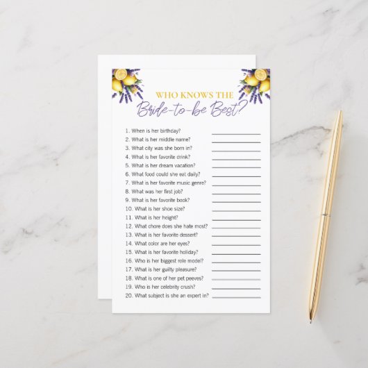 Lemon "Wer die Braut kennt" Brautparty Game (Vorderseite/Rückseite Beispiel)