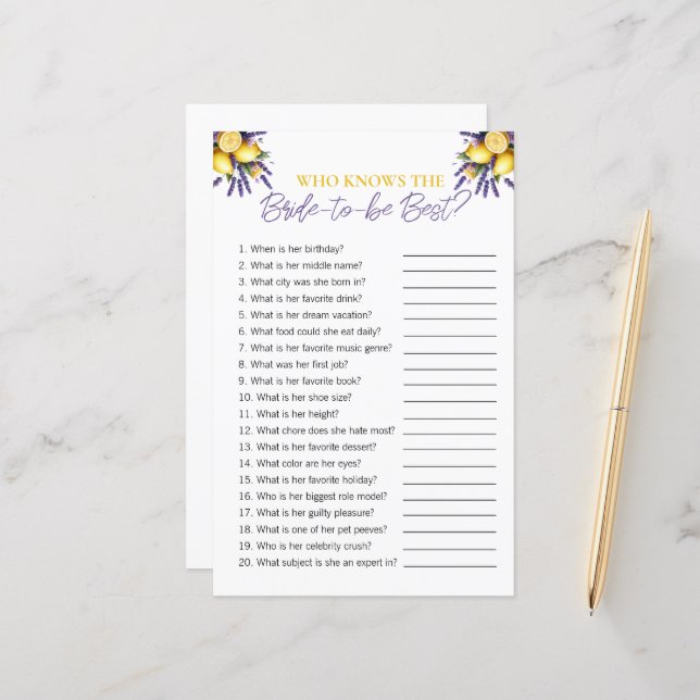 Lemon "Wer die Braut kennt" Brautparty Game (Vorderseite/Rückseite Beispiel)