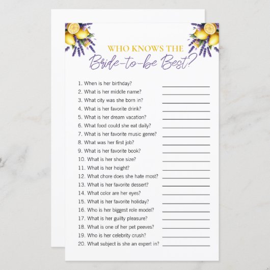 Lemon "Wer die Braut kennt" Brautparty Game (Vorne/Hinten)