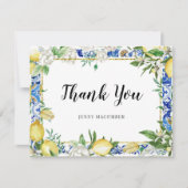 Lemon White Floral Blue Tile Dankeskarte (Vorderseite)