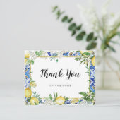 Lemon White Floral Blue Tile Dankeskarte (Stehend Vorderseite)