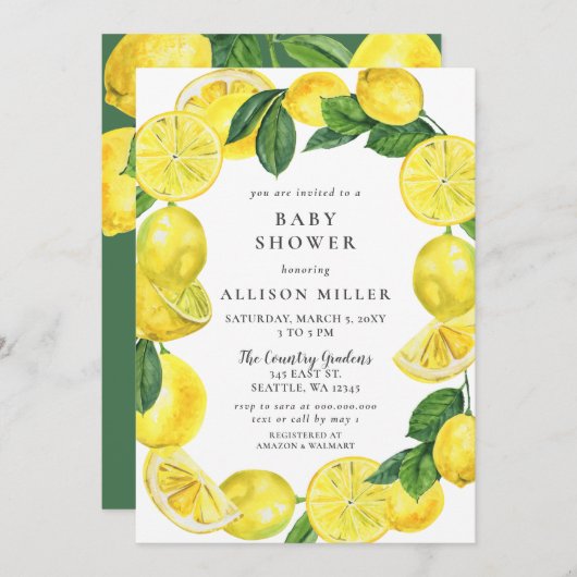 Lemon Wreath Gender Neutral Baby Dusche Einladung (Vorne/Hinten)