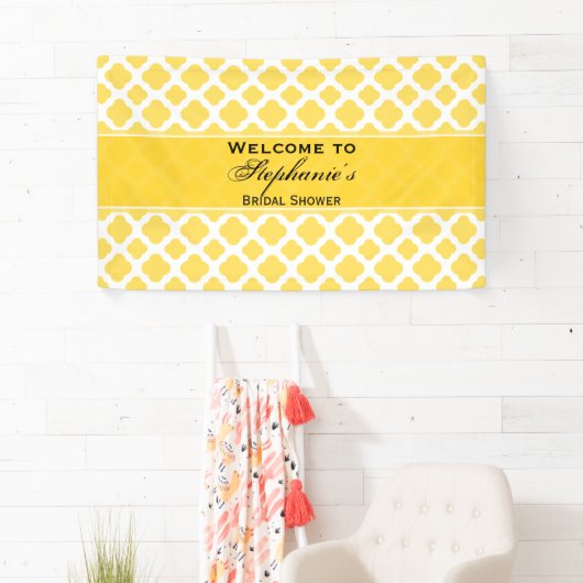Lemon Yellow and White Quatrefoil Pattern Bridal Banner (Insitu)