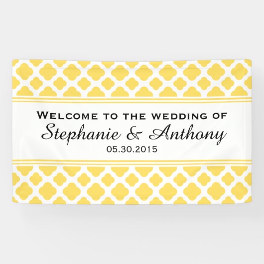 Lemon Yellow and White Quatrefoil Pattern Hochzeit Banner (Horizontal)