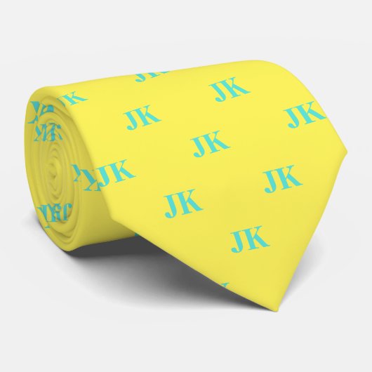 Lemon Yellow Aqua Monogram Initials Neck Tie Krawatte (Gerollt)