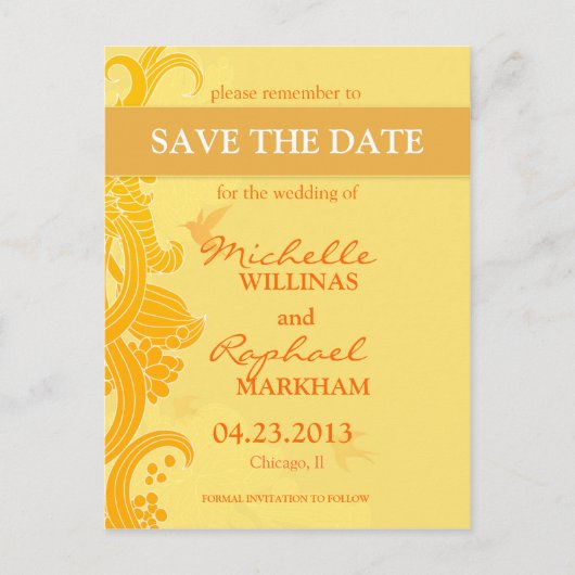 Lemon Yellow Birds Wedding Save the Date Ankündigungspostkarte (Vorderseite)