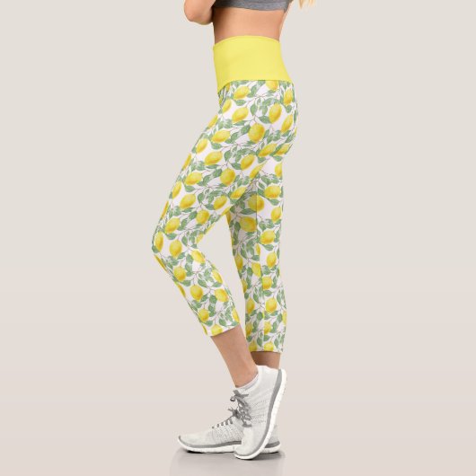 Lemon Yellow Citrus Frucht Botanisches Muster Capri Leggings (Links)