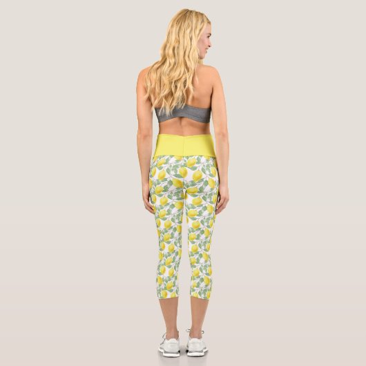 Lemon Yellow Citrus Frucht Botanisches Muster Capri Leggings (Rückseite)