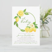 Lemon Yellow Citrus Green Punkt Babydusche Einladung (Stehend Vorderseite)