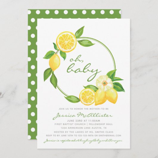 Lemon Yellow Citrus Green Punkt Babydusche Einladung (Vorne/Hinten)