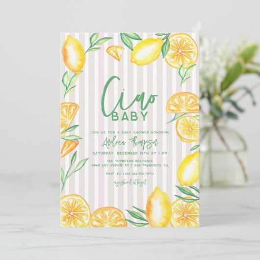 Lemon Yellow Citrus Retro Moderne Babydusche Einladung (Stehend Vorderseite)