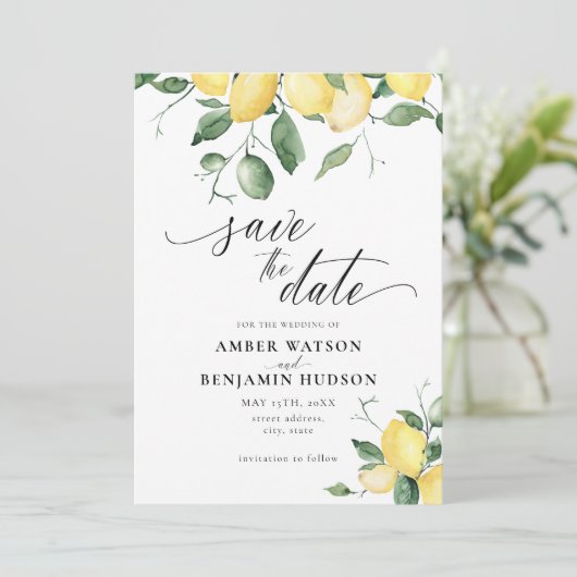 Lemon Yellow Fruit Garden Wedding Save the Date Einladung (Stehend Vorderseite)