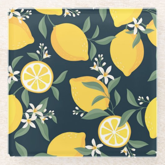 Lemon Yellow Leaf Pattern Glasuntersetzer (Vorderseite)