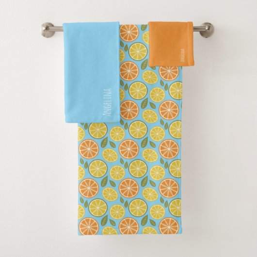 Lemon yellow orange  Pattern blue name Badhandtuch Set (Insitu)