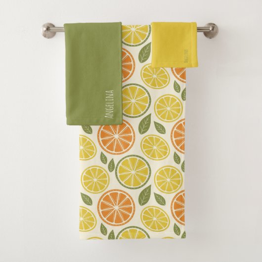 Lemon yellow orange  Pattern white name Badhandtuch Set (Insitu)