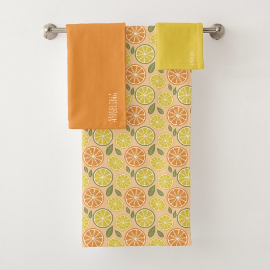 Lemon yellow orange Pattern white name Badhandtuch Set (Insitu)
