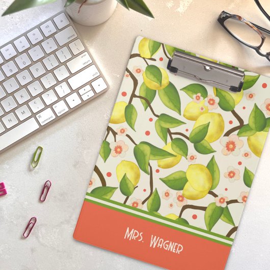 Lemon Yellow Personalisiert Name Floral Teacher Klemmbrett