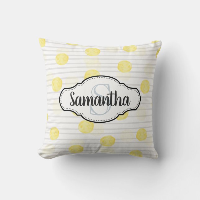 Lemon Yellow Polka Dot and Stripes Mit Monogramm Kissen (Vorderseite)