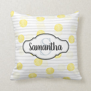 Lemon Yellow Polka Dot und Streifen Mit Monogramm Kissen