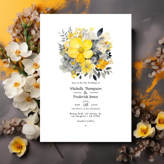 Lemon Yellow, Stormy Gray und Light Gray Wedding Einladung