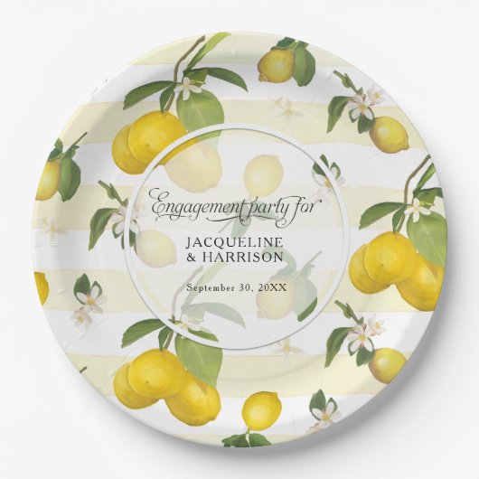 Lemon Yellow Strip Citrus Floral Engagement Party Pappteller (Vorderseite)