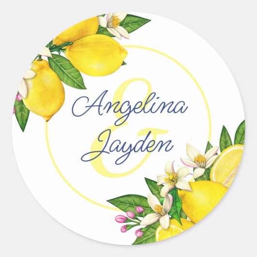 Lemon Yellow Summer Elegante Script Hochzeit Runder Aufkleber (Vorderseite)