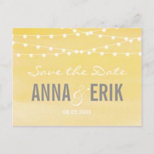 Lemon Yellow Watercolor Stringlights Save the Date Ankündigungspostkarte