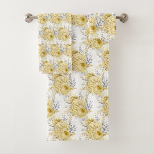 LEMON YELLOW WHITE FLORAL BADEZIMMER TOWEL SET (Insitu)