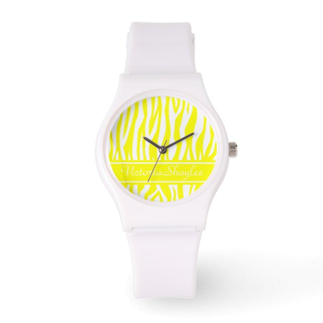 Lemon Zebra Print mit benutzerdefiniertem Text Armbanduhr (Vorderseite)