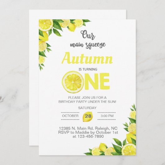 Lemon, Zitronenmädchen Einladung zum ersten Geburt (Vorne/Hinten)