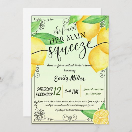 Lemon Zitrus virtuelle Brautdusche Einladung (Vorne/Hinten)
