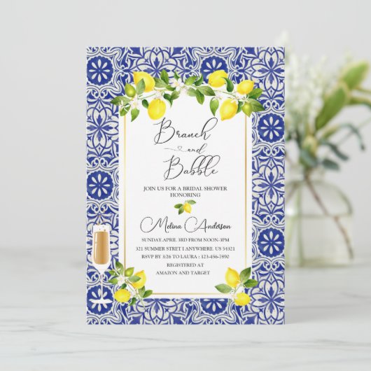 Lemon Zweig und blaues Mosaik Aquarell Zweig und Einladung (Stehend Vorderseite)