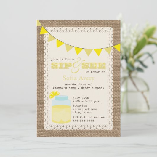 Lemonade Burlap Sip und siehe Einladung (Stehend Vorderseite)