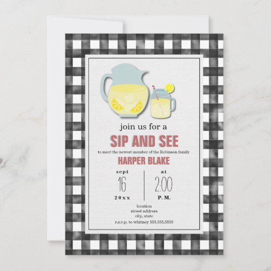 Lemonade Gray Gingham Sip & See Baby Invasion Einladung (Vorderseite)