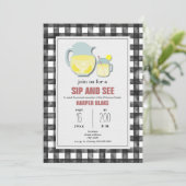 Lemonade Gray Gingham Sip & See Baby Invasion Einladung (Stehend Vorderseite)