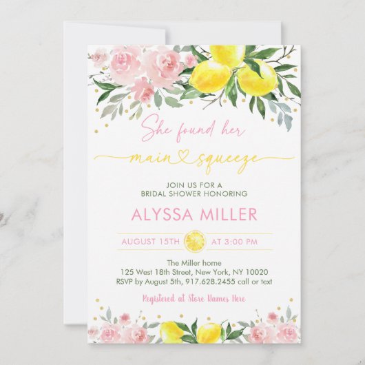 Lemonade Main Squeeze Pink Floral Brautparty Einladung (Vorderseite)