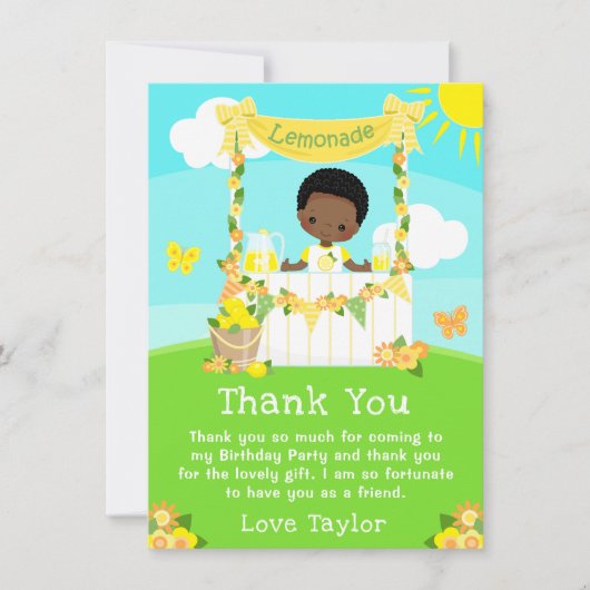 Lemonade Stand Birthday Dark Skin Boy Dankeskarte (Vorderseite)