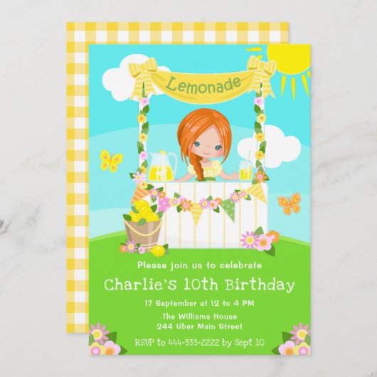 Lemonade Stand Birthday Red Hair Girl Einladung (Vorne/Hinten)
