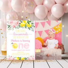 Lemonade Sunshine Pink Floral Erster Geburtstag Einladung