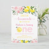 Lemonade Sunshine Pink Gold Floral Erster Geburtst Einladung (Stehend Vorderseite)