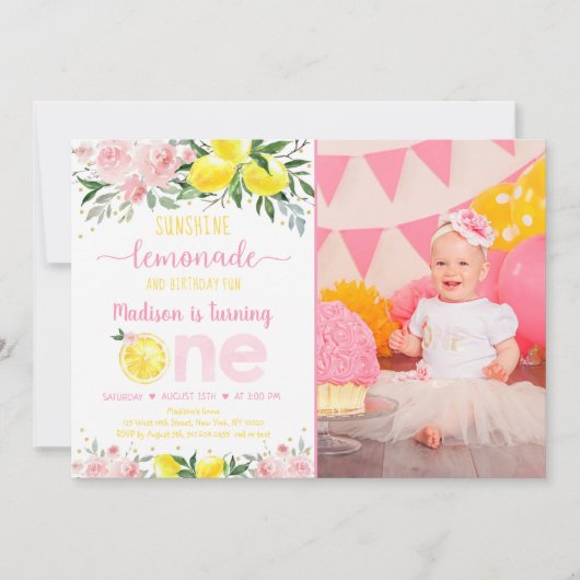 Lemonade Sunshine Pink Gold Floral Erster Geburtst Einladung (Vorderseite)