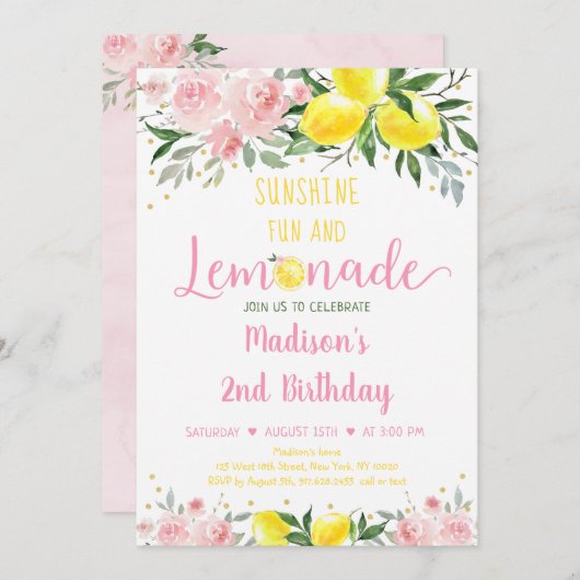 Lemonade Sunshine Pink Gold Floral Geburtstag Einladung (Vorne/Hinten)