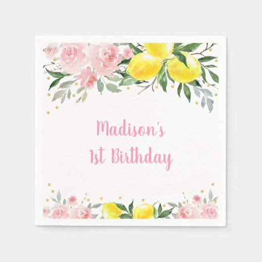 Lemonade Sunshine Pink Gold Floral Geburtstag Serviette (Vorderseite)
