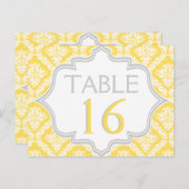 Lemongelbe, graue Damast Hochzeit Tischnummer (Vorne/Hinten)