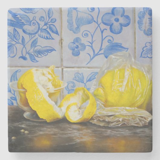 Lemons and Azulejos — Classic Blue & Yellow Still Steinuntersetzer (Vorderseite)