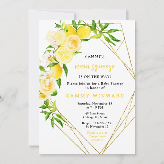 Lemons and Flowers with Foliage Baby Shower Einladung (Vorderseite)