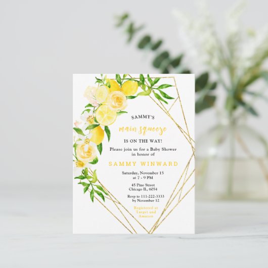 Lemons and Flowers with Foliage Baby Shower Postkarte (Stehend Vorderseite)