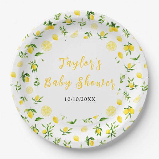 Lemons and Foliage Baby Shower Pappteller (Vorderseite)
