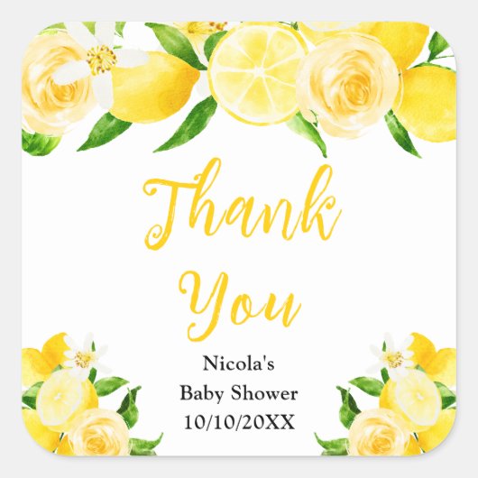 Lemons and Foliage Baby Shower Thank You Quadratischer Aufkleber (Vorderseite)