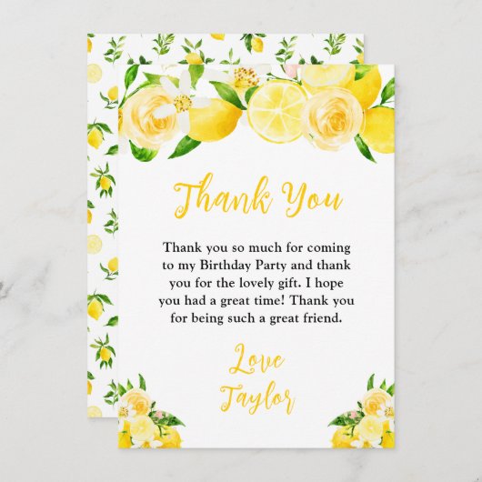 Lemons and Foliage Birthday Party Dankeskarte (Vorne/Hinten)
